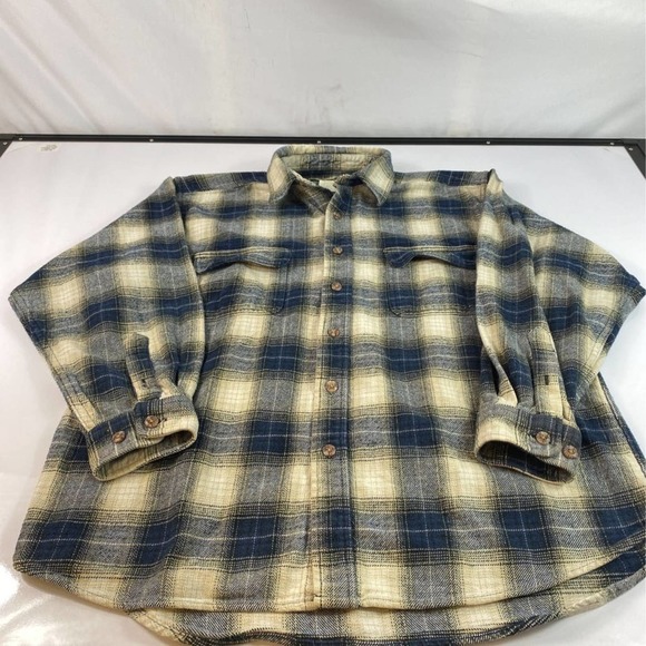 Field & Stream Mens Flannel Button Front Shirt Blue Beige Plaid Pockets Cotton L - Picture 1 of 5